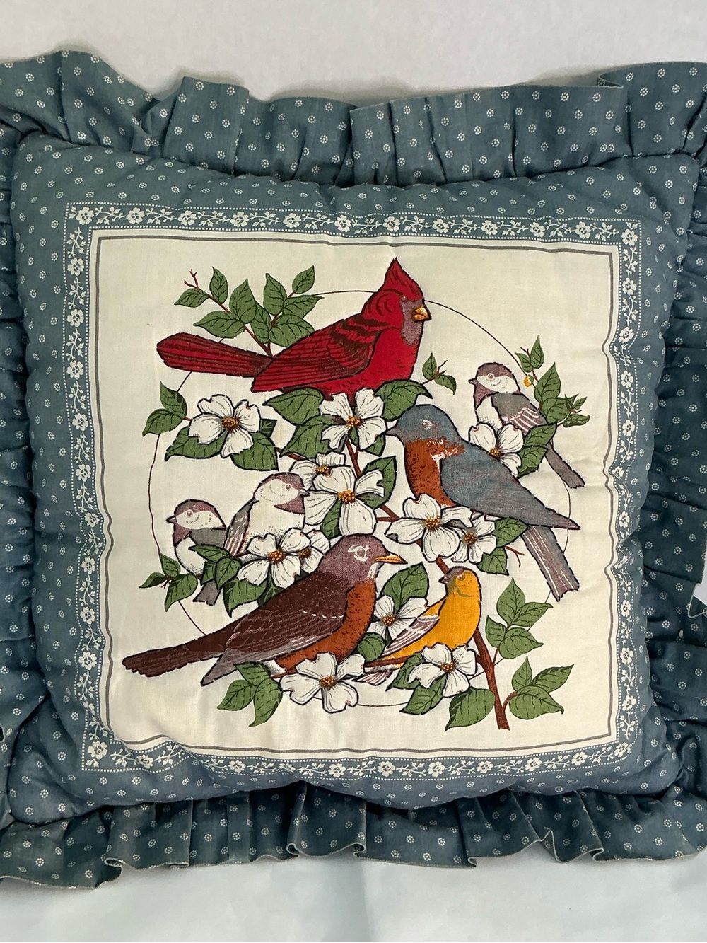 1980s Robin Pillow Ruffled Cottage Decor Decorative Bird Print Throw Pillow
